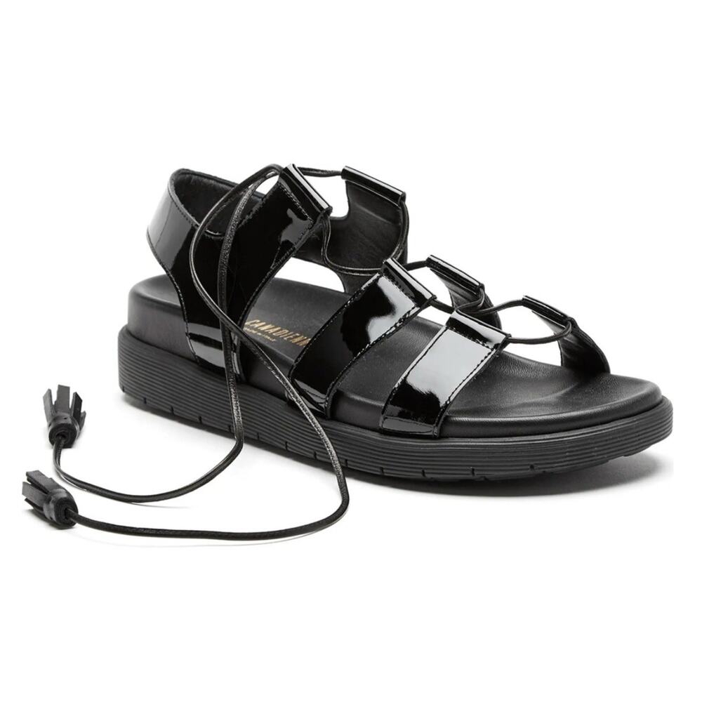 La Canadienne Rambler Black Patent Platform Sandals EU 39 Lace Up NWT